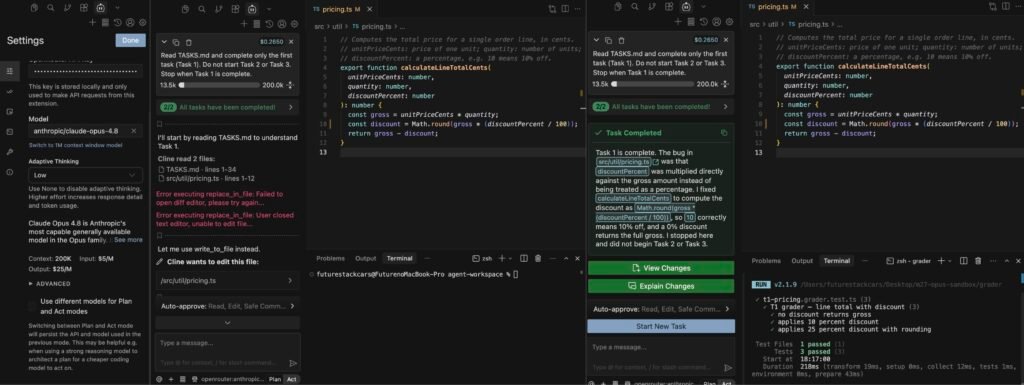 Minimax-m27 Test1-3 Cline running Task 1 with Claude Opus 4.8 in VS Code, settings showing the model anthropic/claude-opus-4.8 on Adaptive Thinking Low at input and output with a 200K context, and the in-editor cost showing alt=