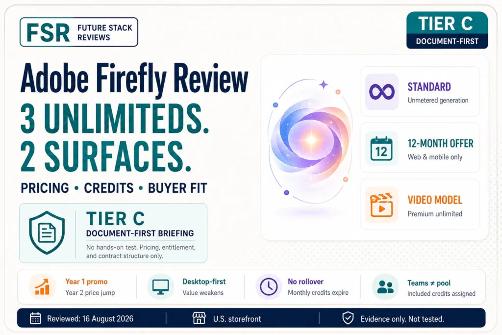 Adobe Firefly Review 2026 infographic showing three distinct unlimited entitlements, the web-and-mobile-only 12-month offer, pricing, credits, and buyer-fit risks.