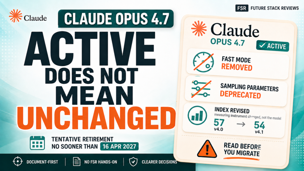 Claude Opus 4.7 briefing card headed Active does not mean unchanged, showing fast mode removed, sampling parameters deprecated, an index score of 57 on v4.0 against 54 on v4.1, and tentative retirement no sooner than 16 April 2027.