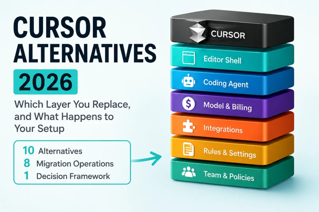 Cursor Alternatives 2026 infographic showing the editor shell, coding agent, model and billing, integrations, rules, and team policy layers.