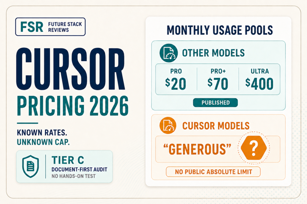 Cursor pricing 2026: Pro, Pro Plus and Ultra list $20, $70 and $400 for Other Models, while the Cursor Models pool has no published absolute monthly limit.