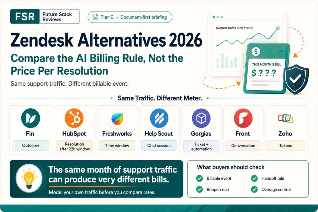 Featured infographic comparing AI billing units across seven Zendesk alternatives—Fin, HubSpot, Freshworks, Help Scout, Gorgias, Front, and Zoho—in 2026.