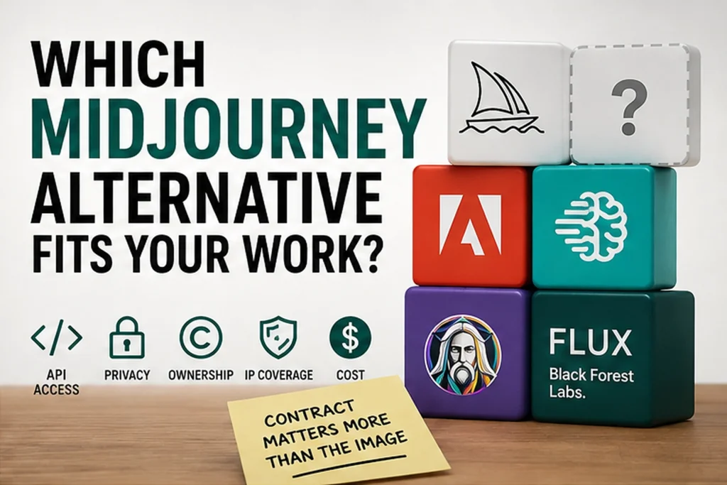 Midjourney alternatives decision graphic comparing Adobe Firefly, Ideogram, Leonardo.Ai, and FLUX across API access, privacy, ownership, IP coverage, and cost.