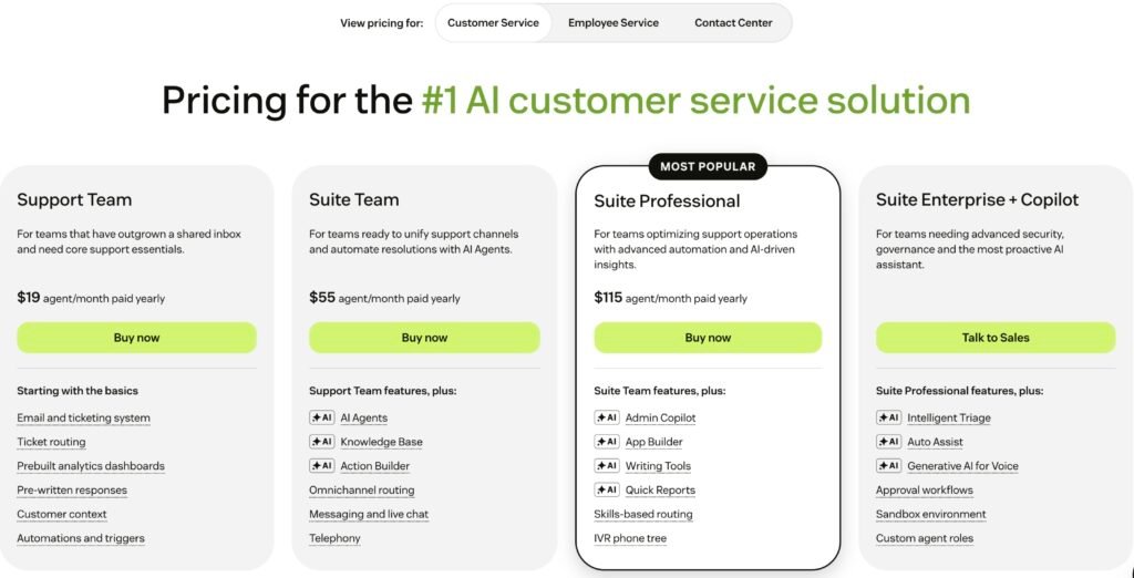 Zendesk customer service pricing page showing four plan cards: Support Team at USD 19 per agent per month paid yearly, Suite Team at USD 55, Suite Professional at USD 115 marked most popular, and Suite Enterprise plus Copilot showing a Talk to Sales button with no price.