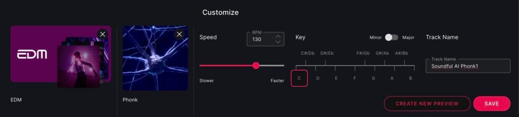 Screenshot Soundful customize panel showing the only four editable controls: a BPM and speed slider, a key selector with minor and major, a style menu, and a track-name field. No timeline or instrument editing.