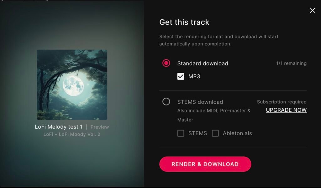 Screenshot Soundful "Get this track" dialog on a free account: Standard download is one MP3, shown as 1/1 remaining; the stems download is greyed out behind Upgrade Now.