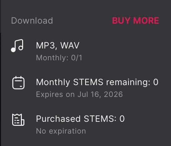 Screenshot Download panel: MP3/WAV options, Monthly STEMS remaining: 0 (Expires July 16, 2026), Purchased STEMS: 0.