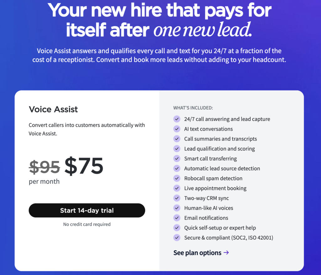 CallRail Voice Assist pricing card showing $95 struck through beside $75 per month, with a 14-day trial button marked no credit card required and a list of included features.