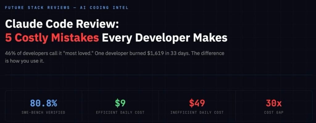 Claude Code 1 - Claude Code review infographic showing SWE-bench score 80.8%, efficient daily cost vs inefficient daily cost , and 30x cost gap between proper and improper usage