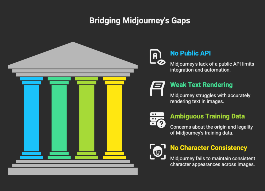 Four structural limitations of Midjourney V8.1 illustrated as columns: no public API for integration and automation, weak text rendering inside images, ambiguous training data raising legal concerns, and no character consistency across generated outputs.