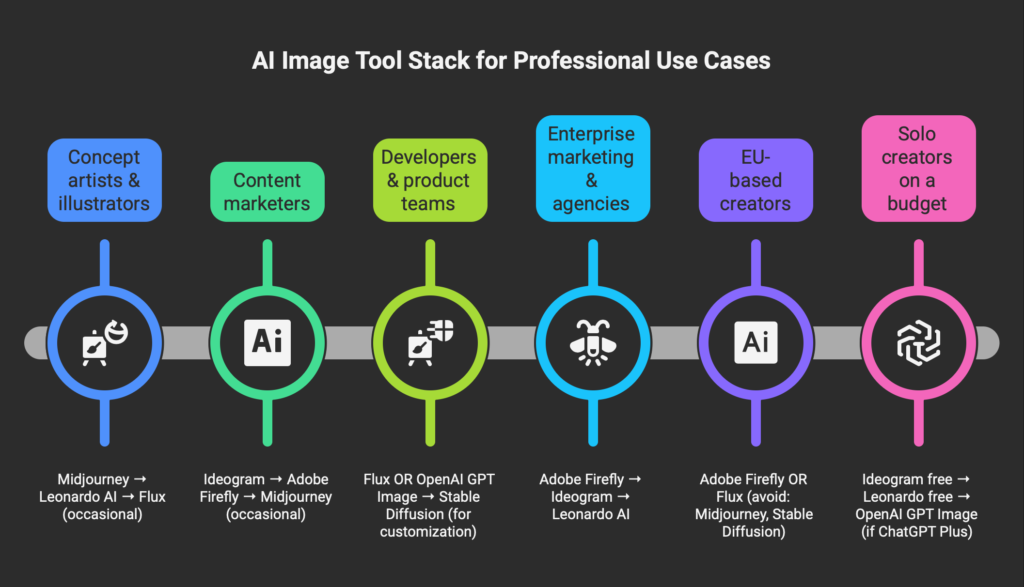 AI image generation tool stacks recommended for six professional use cases: concept artists use Midjourney plus Leonardo AI plus Flux; content marketers use Ideogram plus Adobe Firefly plus Midjourney; developers use Flux or OpenAI GPT Image plus Stable Diffusion; enterprise marketing uses Adobe Firefly plus Ideogram plus Leonardo AI; EU-based creators use Adobe Firefly or Flux; solo creators on a budget use Ideogram free plus Leonardo free plus OpenAI GPT Image.