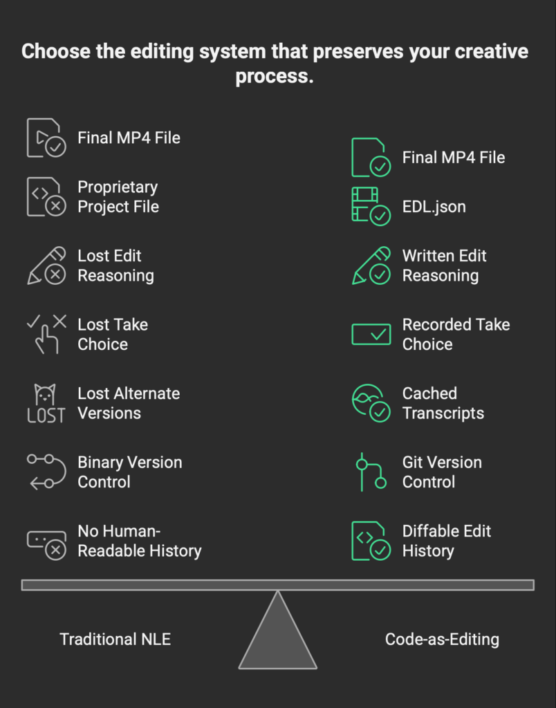 Side-by-side comparison infographic: traditional NLE loses edit reasoning after 6 months while video-use preserves full audit trail through edl.json, project.md, cached transcripts and git version control, April 2026