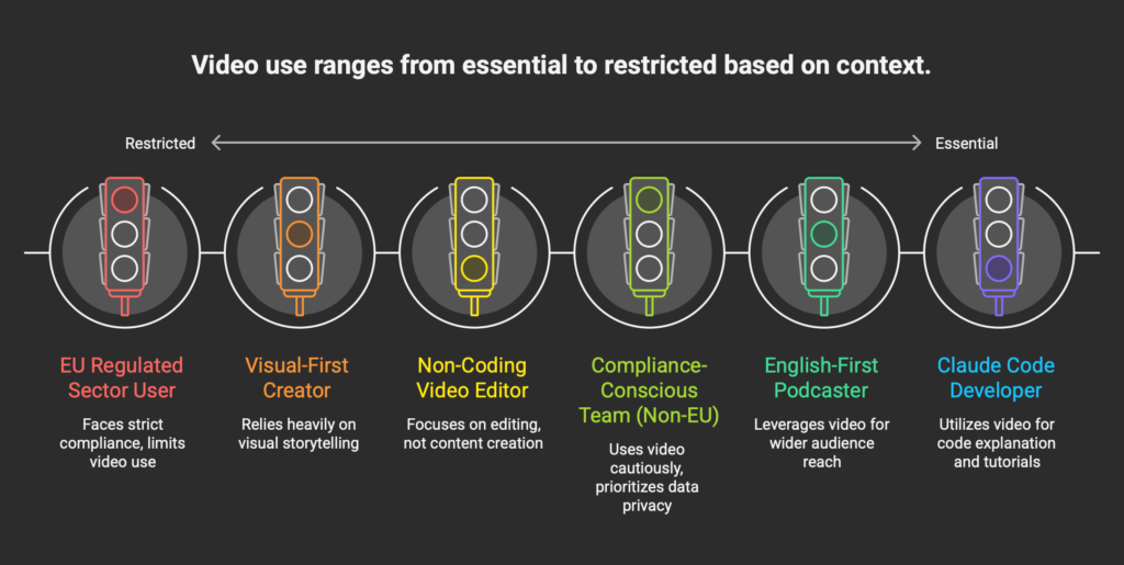 video-use user fit spectrum from restricted to essential: EU regulated sector user, visual-first creator, non-coding video editor, compliance-conscious team, English-first podcaster, Claude Code developer, April 2026
