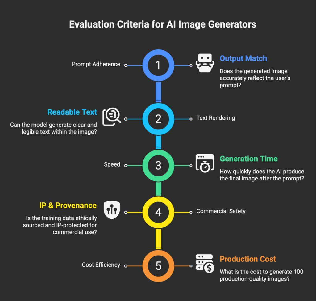 Evaluation criteria for AI image generators: prompt adherence, text rendering, speed, commercial safety, and cost efficiency