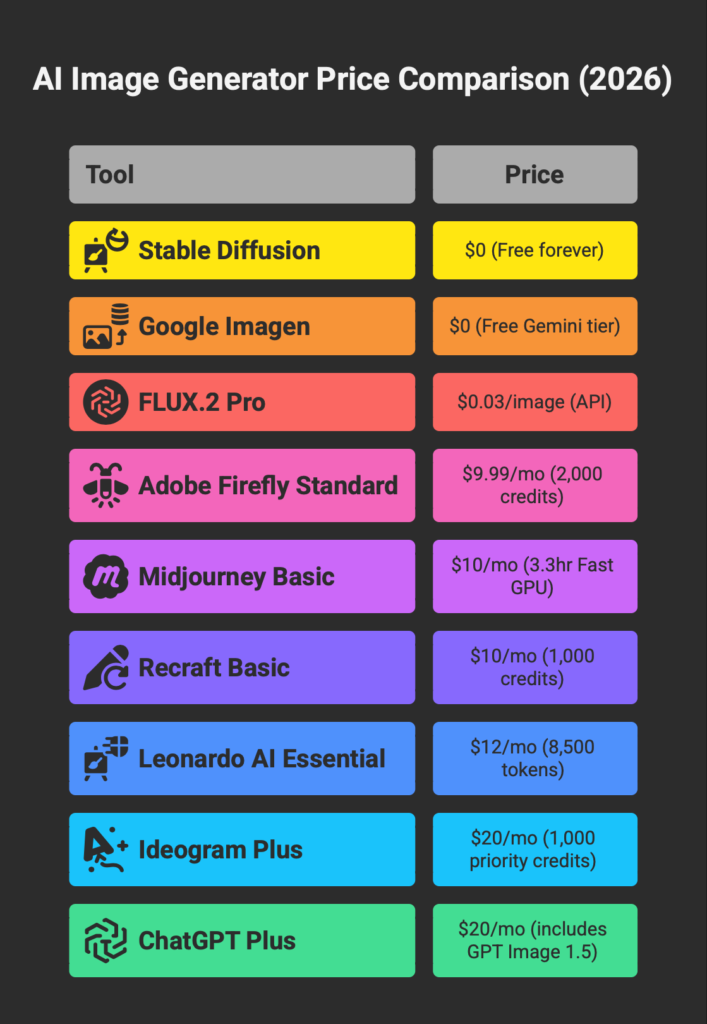 AI image generator price comparison 2026 showing 9 tools ranked from free to 20 dollars per month