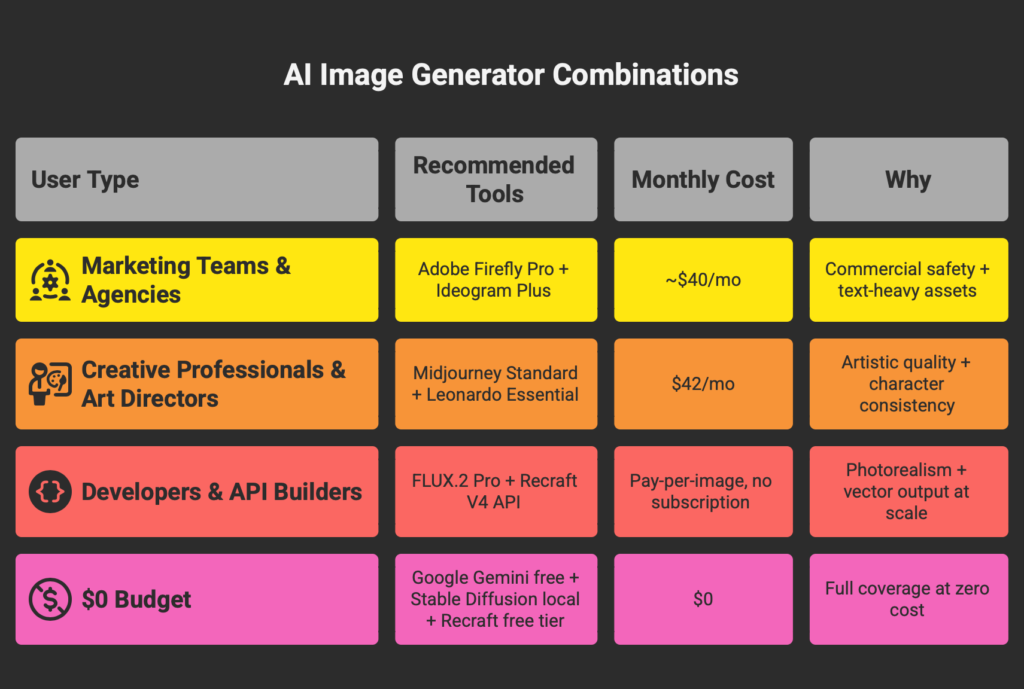 Recommended AI image generator combinations for four user types with monthly costs and tool pairings