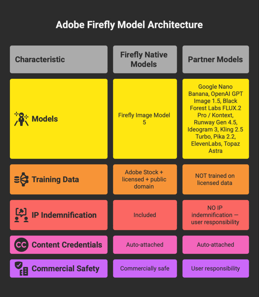 Adobe Firefly two-layer model architecture showing native models with commercial safety and partner models with user responsibility