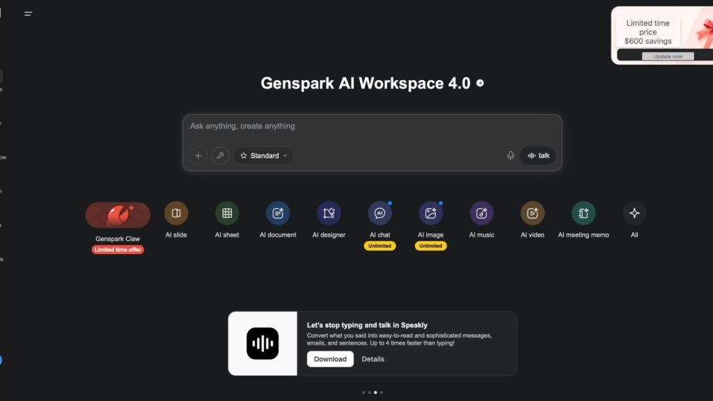 The Genspark AI Workspace 4.0 home screen as of May 2, 2026, showing the central prompt input, eleven product surfaces including AI slide, AI sheet, AI document, AI designer, AI chat, AI image, AI music, AI video, AI meeting memo, and the Genspark Claw desktop app, with promotional banners for limited-time pricing and the Speakly voice tool.