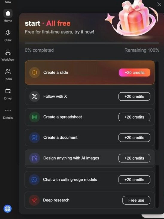 Genspark's first-time user onboarding overlay as of May 2, 2026, titled "start · All free," showing a 0% completion progress bar and six tasks each rewarding 20 credits: Create a slide, Follow with X, Create a spreadsheet, Create a document, Design anything with AI images, and Chat with cutting-edge models, plus a free Deep research entry.