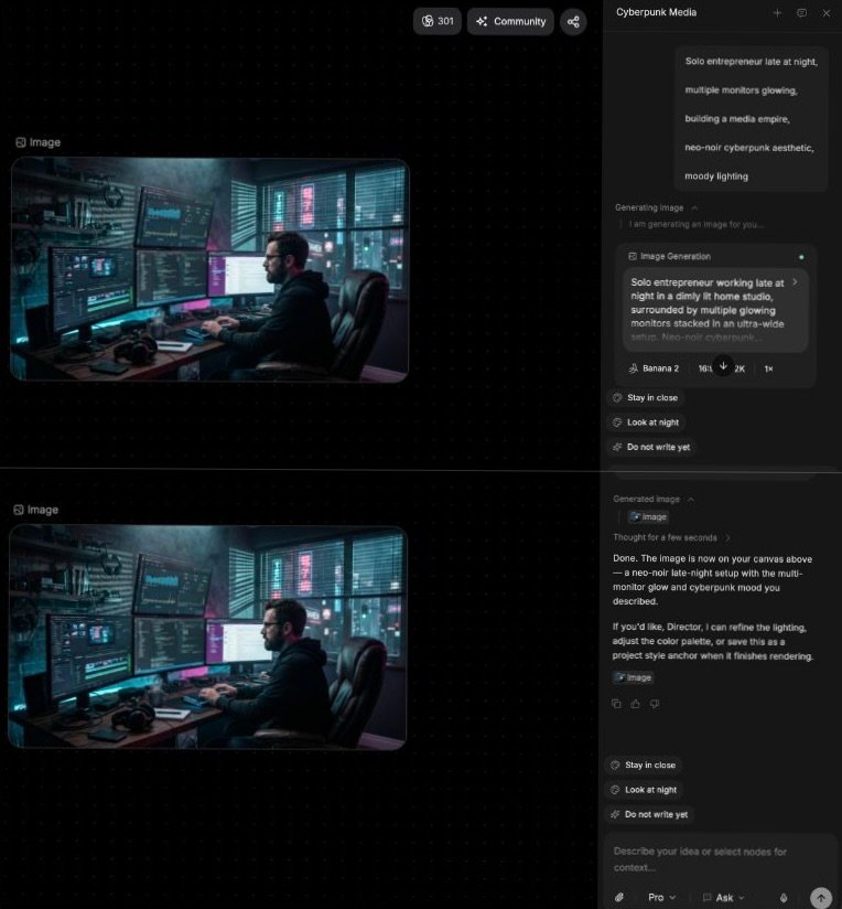 TapNow Pro Mode success on paid BASIC tier showing same media empire prompt generating two cyberpunk images via Banana 2, with paid balance of 301 Tapies displayed on canvas