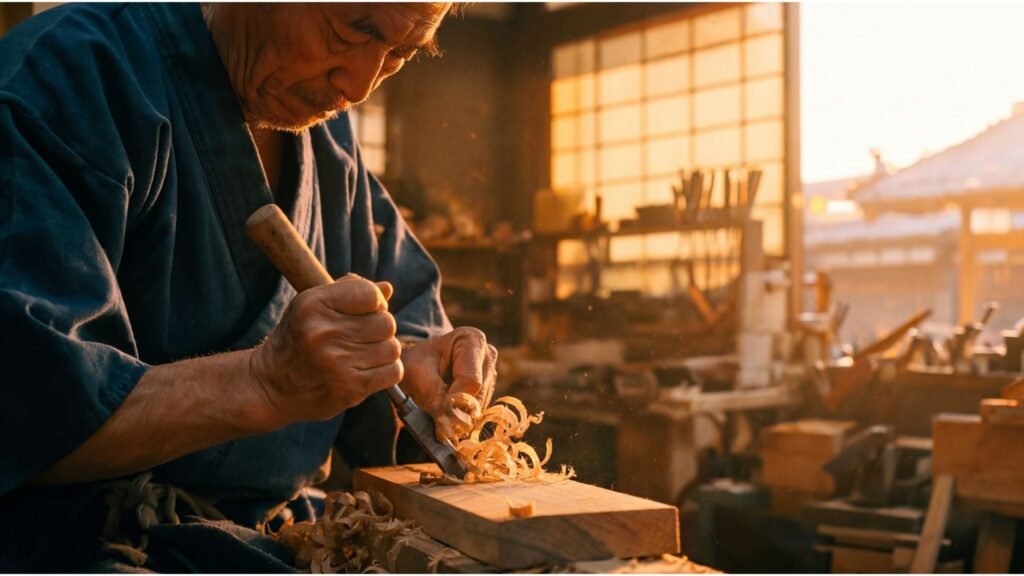 TapNow Banana Pro 4K image generation of elderly Japanese craftsman planing wood at sunset in traditional workshop with shoji windows