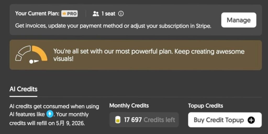 Napkin AI Pro account settings dashboard showing 17,697 credits remaining out of 30,000 monthly allocation, with refill date displayed