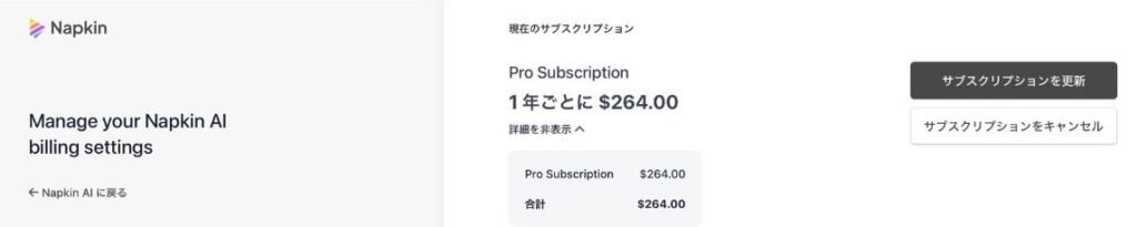Napkin AI Pro Annual subscription billing receipt showing 4 USD charge for one year of Pro Subscription