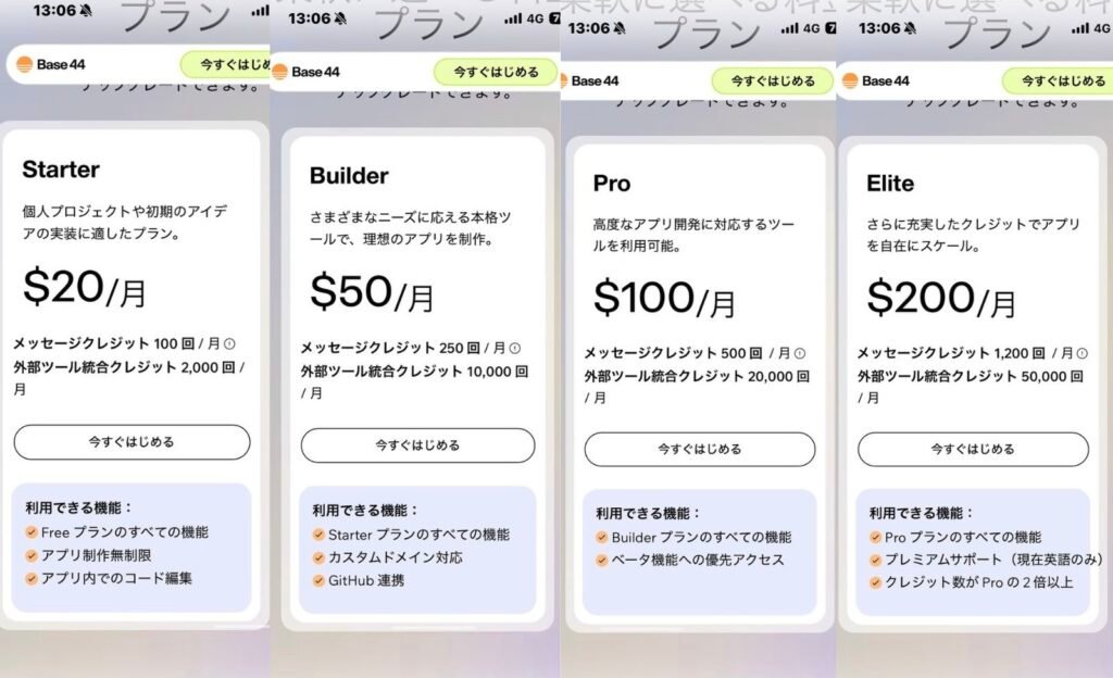 Base44 four paid monthly pricing plans displayed on April 29, 2026 showing Starter at twenty dollars per month, Builder at fifty dollars per month, Pro at one hundred dollars per month, and Elite at two hundred dollars per month. The Elite plan explicitly notes that premium support is currently available only in English. Each plan card shows message credits per month, integration credits, and feature lists including custom domain support, GitHub integration, and beta access. Captured at 13:06 JST from iPhone Safari browser.