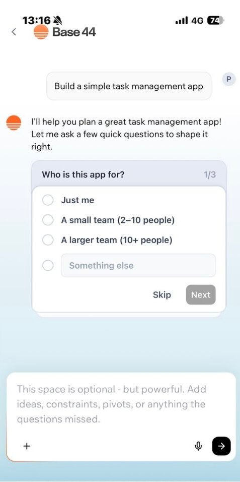 Base44 Plan Mode question 1 of 3 asking'Who is this app for?' with four answer options including Just me, A small team of 2 to 10 people, A larger team of 10 plus people, and Something else. The page begins with the user input 'Build a simple task management app' and Base44 responds 'I will help you plan a great task management app. Let me ask a few quick questions to shape it right.' All text rendered in English despite the Japanese user interface setting. Captured April 29, 2026 at 13:16 JST.