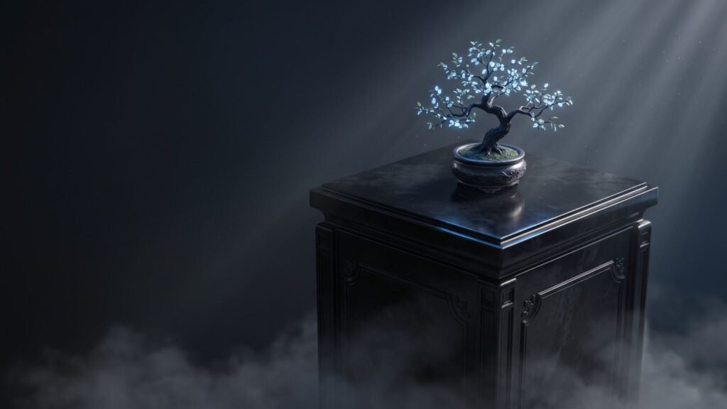 Small bonsai tree in a round pot sits on a dark ornate pedestal, lit by dramatic overhead beams against a moody backdrop.