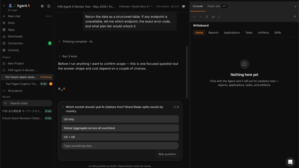 Letaido Agent A chat interface on May 17, 2026, showing the underlying model Anthropic Claude Opus 4.7 in the header, token cost of 8.5k tokens for  alt=
