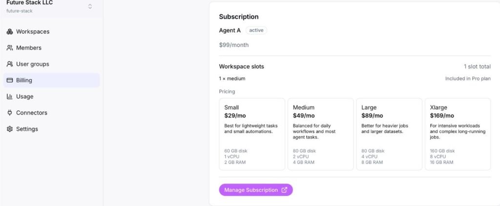 Letaido billing dashboard showing Ahrefs Agent A subscription active at $99 per month on the Future Stack LLC account, with workspace slot Medium tier at $49 per month included in the Pro plan, captured May 17, 2026.