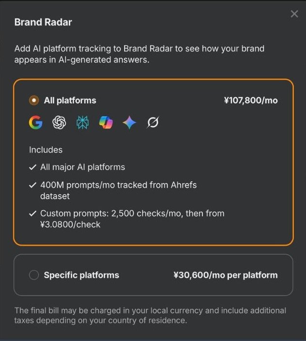 Ahrefs Brand Radar pricing modal displayed in Japanese yen on May 17, 2026, with two tier options. All platforms tier priced at 107,800 yen per month approximately 699 US dollars showing six platform icons for Google AI Overview, ChatGPT, Perplexity, Microsoft Copilot, Gemini, and Grok, including 400M prompts per month tracked from the Ahrefs dataset and 2,500 custom prompt checks per month. Specific platforms tier priced at 30,600 yen per month per platform approximately 199 US dollars.