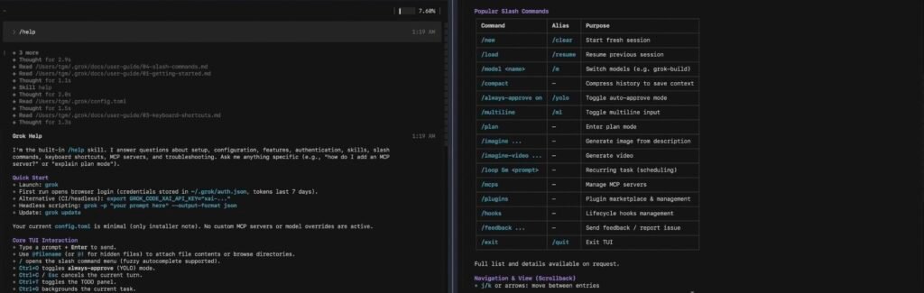 The /help command isn't a static text dump. It's a dynamic skill that reads its own documentation, costing about 7% of context per run. The right pane shows the slash commands it surfaces, including the one named /yolo, which is the honest alias for /always-approve on.