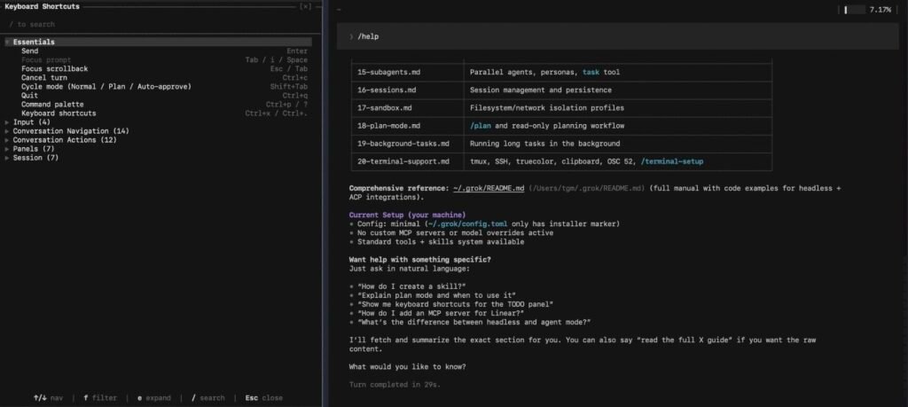 Two-pane Grok Build CLI screenshot from May 2026: left displays the Keyboard Shortcuts overlay with Essentials (Cycle mode Normal/Plan/Auto-approve via Shift+Tab) plus 5 categories totaling 50+ shortcuts. Right shows /help executing at 7.17% context cost in 29 seconds on a separate day, listing user-guide chapters 15-20 including plan-mode and terminal-support.