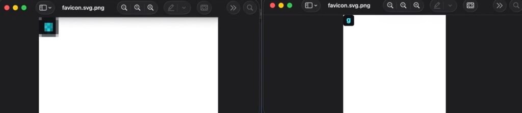 Two side-by-side screenshots showing a favicon in the top-left corner of a white canvas; left version has a teal center pixel block, right version shows a blue 'g' badge on a dark square.