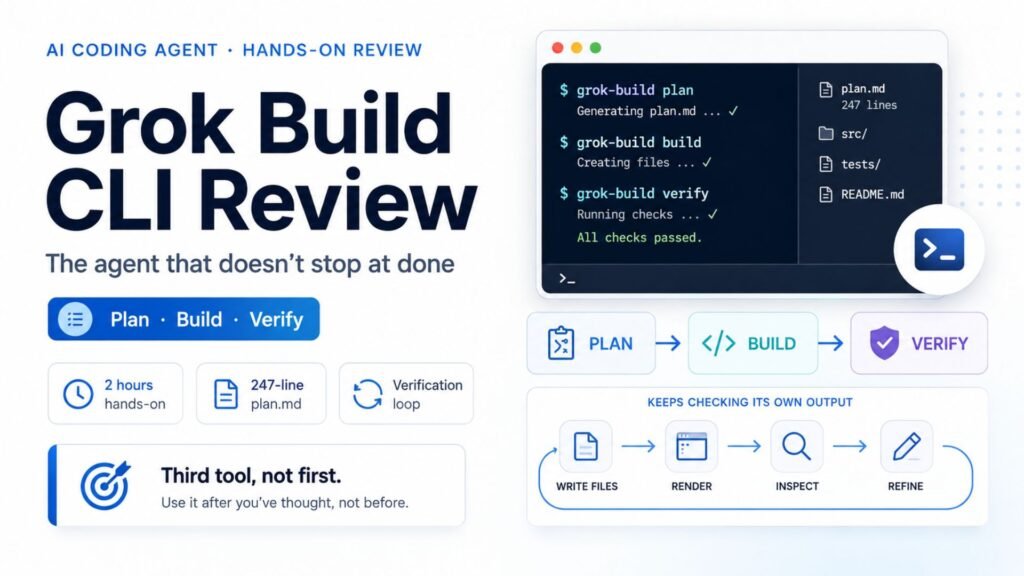 Grok Build CLI review banner from Future Stack Reviews: xAI's terminal coding agent that doesn't stop at done, tested hands-on in May 2026.