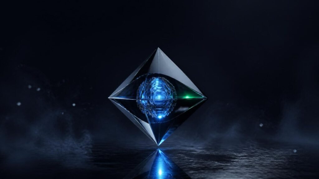 A polished black triangular monolith reflecting on a glassy surface against a deep blue cinematic background, evoking the editorial mood of a Genspark AI review weighing $24.99 against $200-a-month ChatGPT Pro.