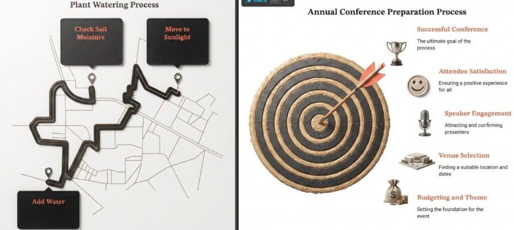 Two Napkin AI test visuals after a Custom photorealistic Effect, captured June 6 2026: at left, the plant-watering flowchart rendered as an embossed relief over a street map; at right, the conference infographic rendered as a woven-straw archery target with photoreal icons.
