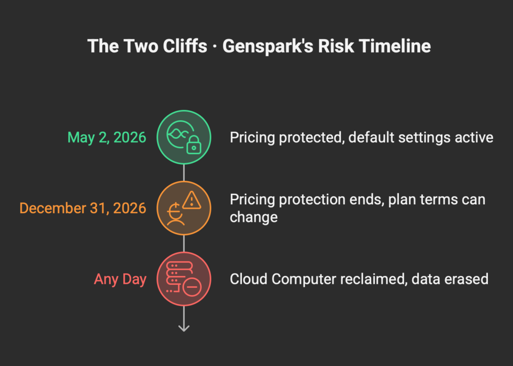 A vertical risk timeline titled "The Two Cliffs · Genspark's Risk Timeline" showing three milestones in chronological order. May 2, 2026 in green with a lock icon: pricing protected, default settings active. December 31, 2026 in amber with a warning-and-currency icon: pricing protection ends, plan terms can change. Any Day in red with a server-minus icon: Cloud Computer reclaimed, data erased.