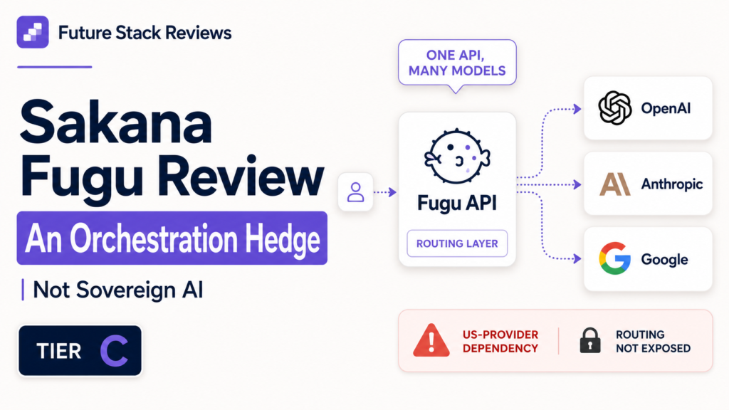 Sakana Fugu review: diagram of the Fugu API routing over OpenAI, Anthropic, and Google, flagged Tier C and routing not exposed.