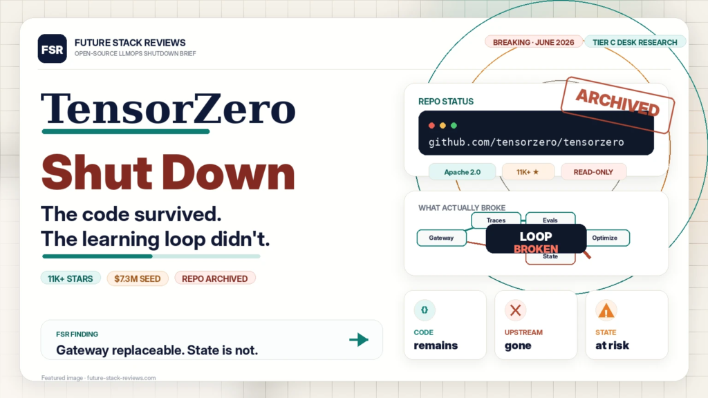 Future Stack Reviews brief: TensorZero shut down in June 2026, repo archived. The code survives but the integrated learning loop broke; the gateway is replaceable, stored state is not.