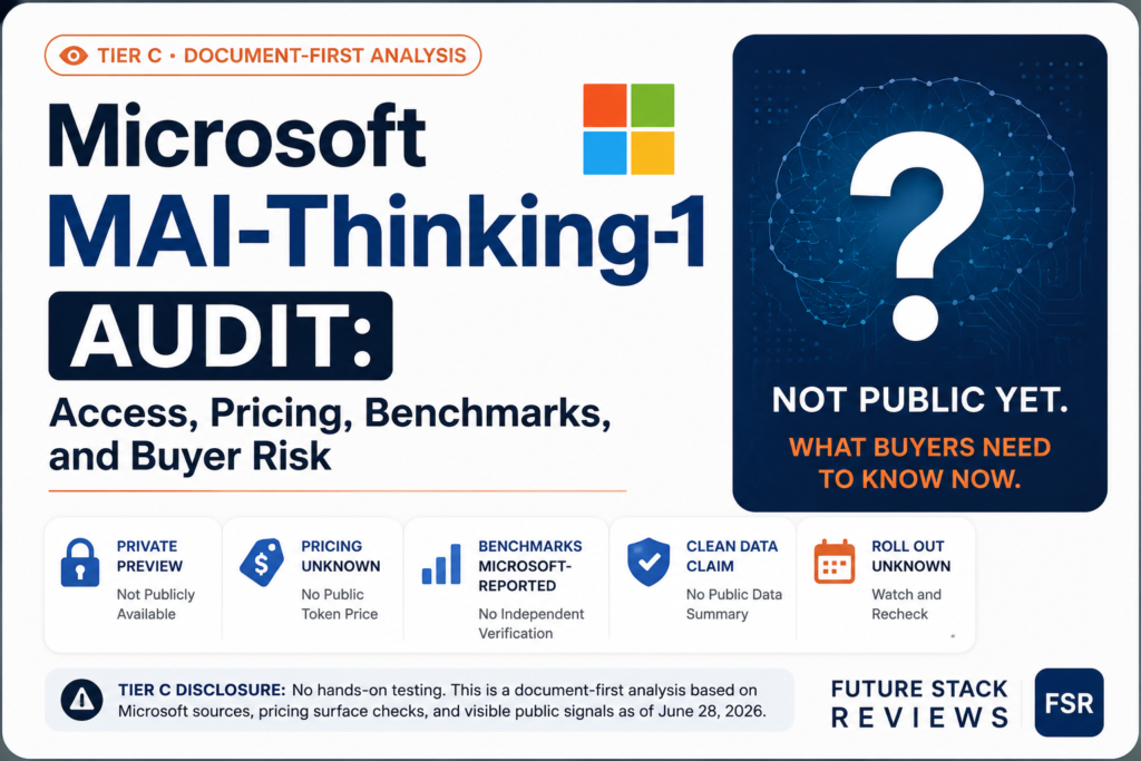 Tier C audit card for Microsoft MAI-Thinking-1: in private preview, no public token price, Microsoft-reported benchmarks, and an unverified clean-data claim.