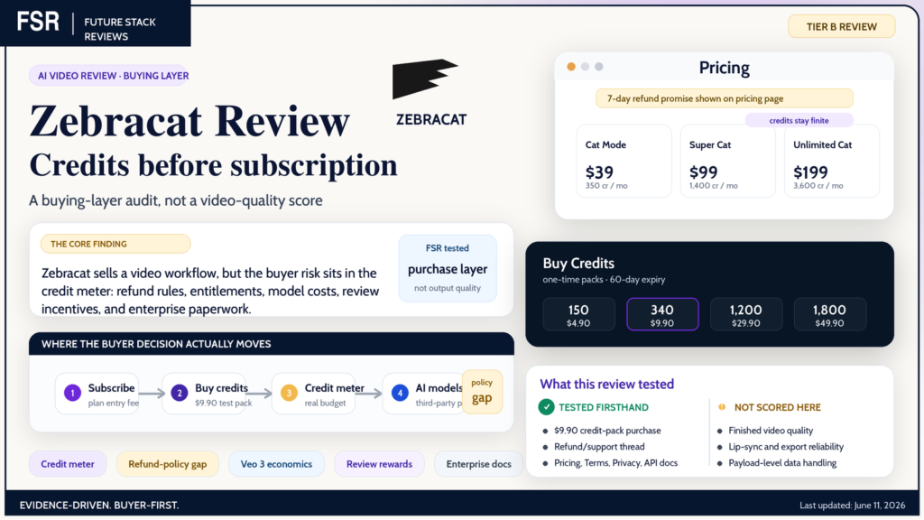 Zebracat review summary card from Future Stack Reviews, labeled a Tier B buying-layer audit rather than a video-quality score. Its core finding is that the buyer risk sits in the credit meter: refund rules, entitlements, model costs, review incentives, and enterprise paperwork. The card lays out Zebracat's three plan prices, a four-step buyer flow that ends at a policy gap, the one-time credit packs with 60-day expiry, and what FSR tested firsthand versus what it did not score.