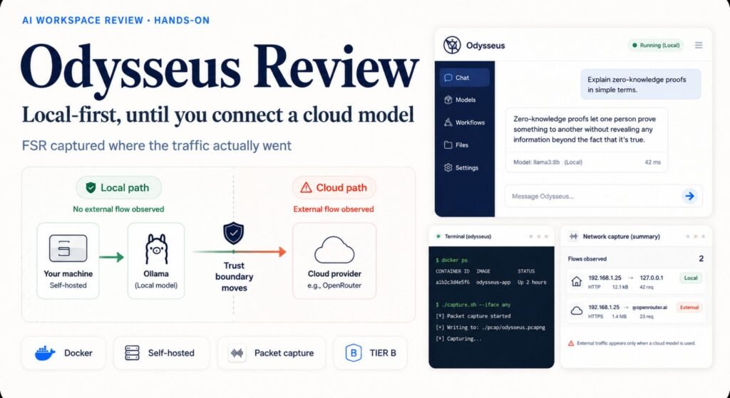 Odysseus review cover image: the self-hosted AI workspace interface with the headline "local-first, until you connect a cloud model."