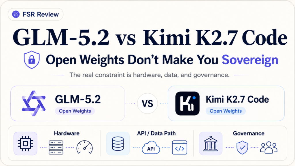 FSR review title graphic for GLM-5.2 and Kimi K2.7 Code, two open-weight coding models, under the headline "Open Weights Don't Make You Sovereign," with three pillars shown as icons: hardware, API and data path, and governance.