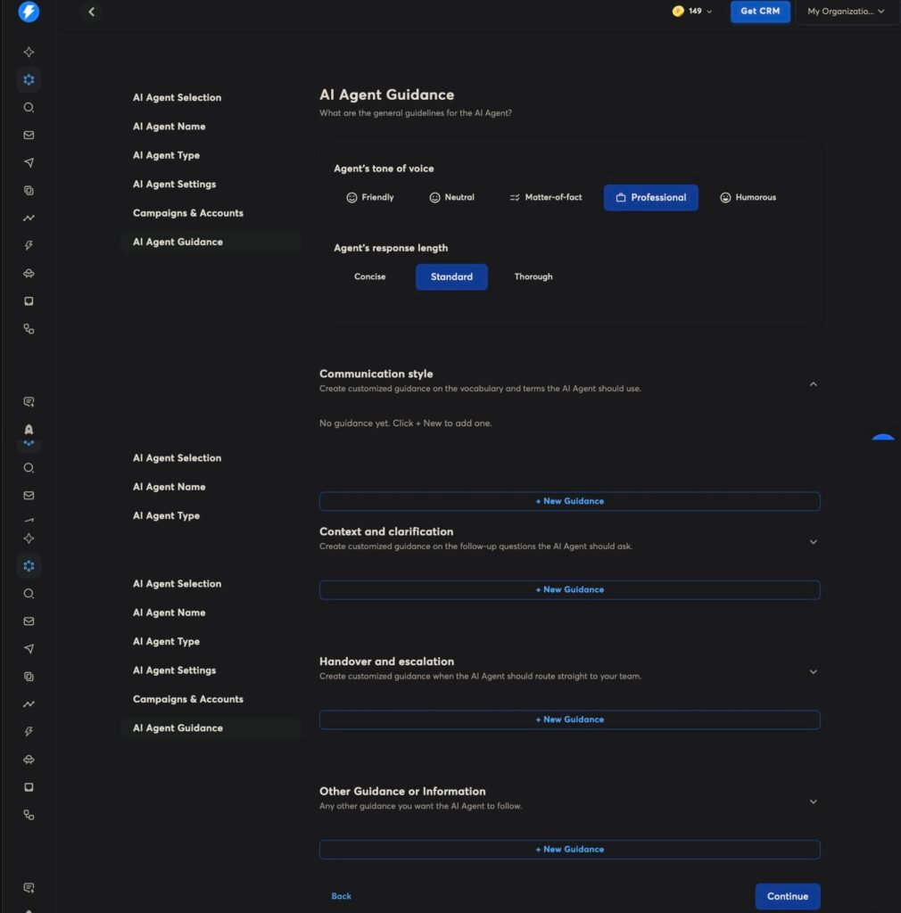 Instantly AI agent guidance screen with tone of voice set to Professional, response length Standard, and empty fields for communication style and escalation rules.