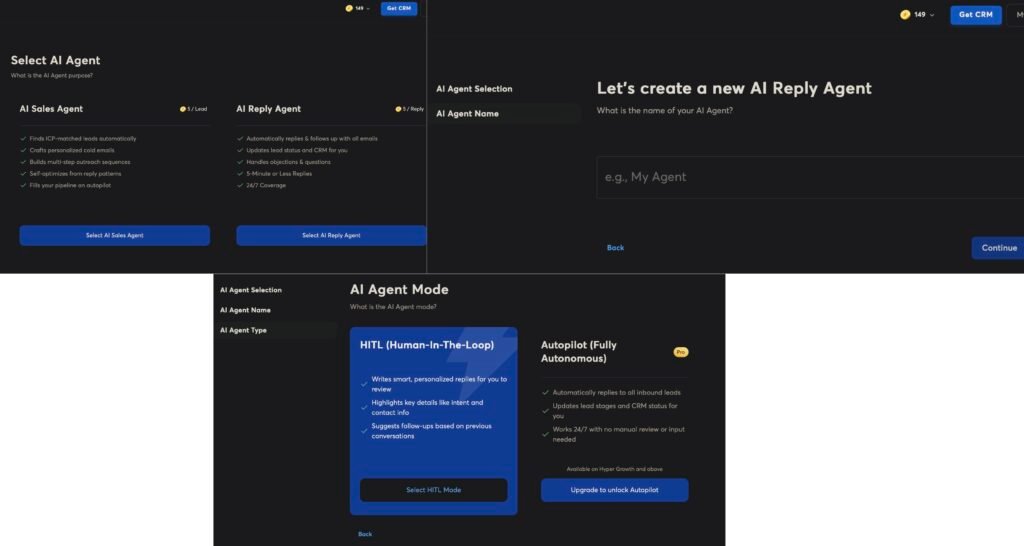 Instantly AI agent selection showing the AI Sales Agent at 5 credits per lead and AI Reply Agent at 5 credits per reply, with a mode step where Autopilot is a Pro feature.
