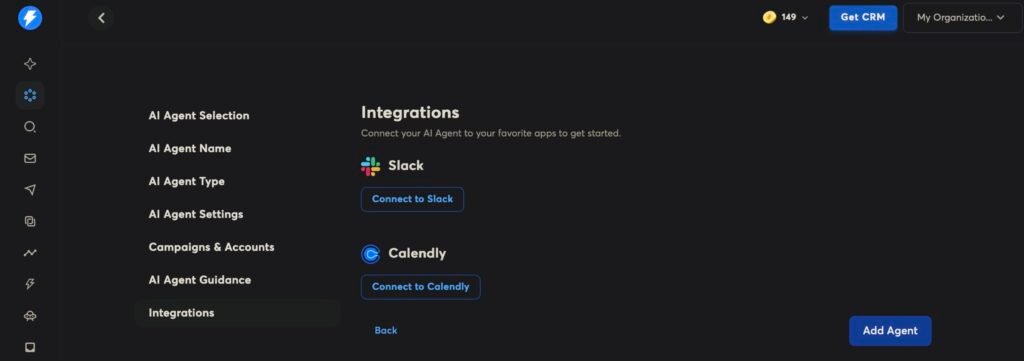 Instantly AI agent integrations screen offering connections to Slack and Calendly.