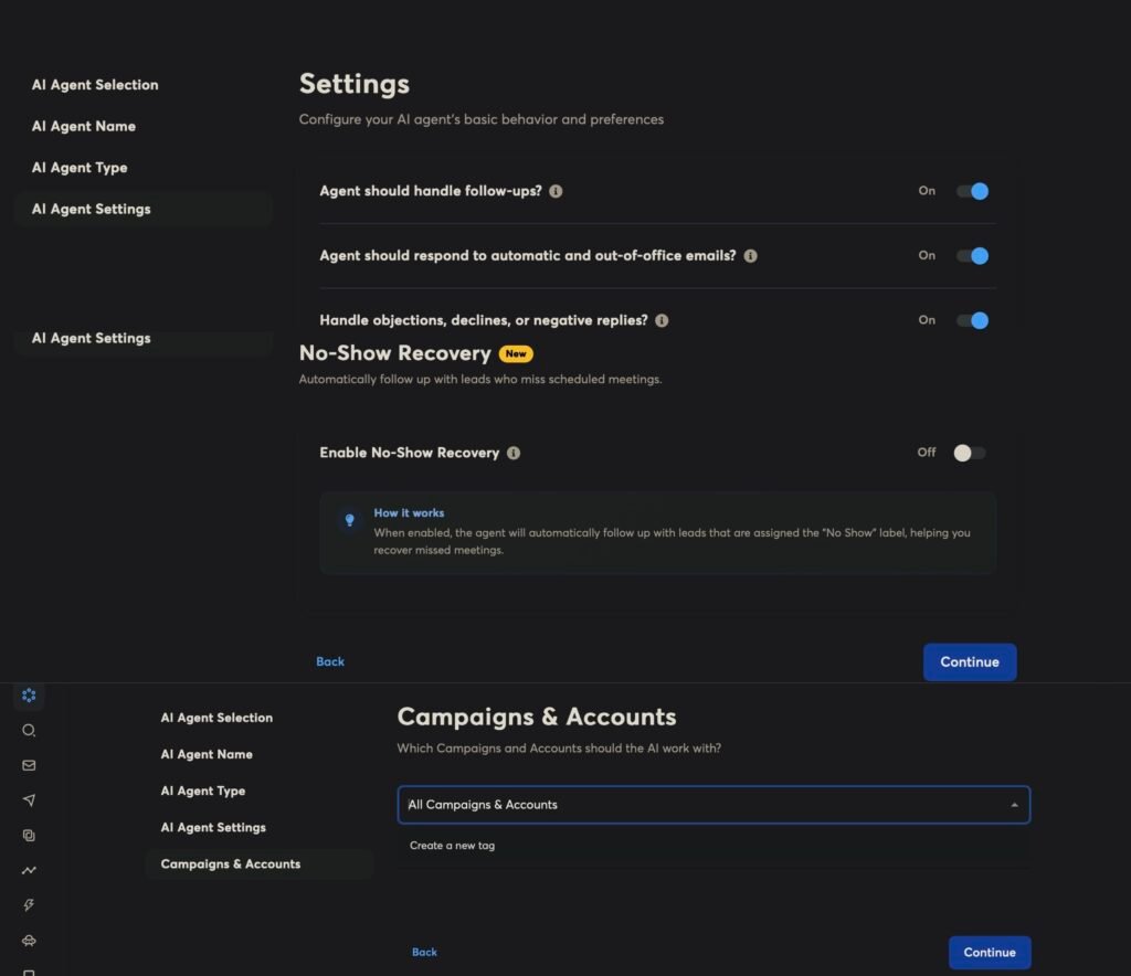 Instantly AI agent settings with follow-ups, automatic and out-of-office replies, and objection handling toggled on, and the scope set to all campaigns and accounts.